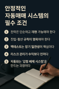 안정적인 자동매매 시스템을 위한 핵심 조건을 정리한 현대적 인포그래픽 이미지