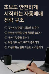 자동매매 초보자를 위한 핵심 전략 구조를 정리한 현대적 인포그래픽 이미지