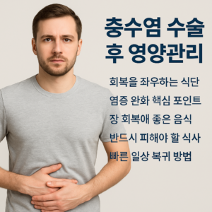 충수염 수술 후 회복을 빠르게 돕기 위해 꼭 알아야 할 영양관리 핵심 내용을 5가지 포인트로 정리한 인포그래픽