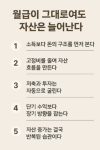 월급이 그대로여도 자산은 늘어난다는 주제로, 자산 증가의 핵심 원칙 5가지를 번호형으로 정리한 인포그래픽 이미지