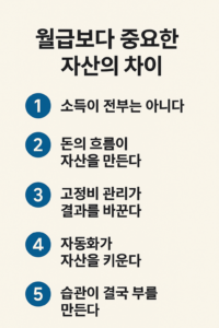 월급보다 중요한 자산의 차이를 주제로, 자산이 늘어나는 핵심 원칙 5가지를 번호형으로 정리한 인포그래픽 이미지