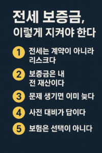 전세 보증금을 안전하게 지키는 방법을 주제로, 전세 리스크와 보증보험의 필요성을 5가지 핵심 문구로 정리한 대형 인포그래픽 이미지