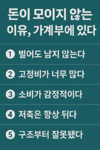 돈이 모이지 않는 사람의 가계부에 공통적으로 나타나는 5가지 문제를 숫자형 문구로 정리한 인포그래픽 이미지