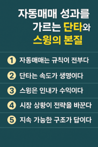 자동매매에서 단타와 스윙 전략의 성과 차이를 결정하는 핵심 요소를 5가지로 정리한 인포그래픽 이미지