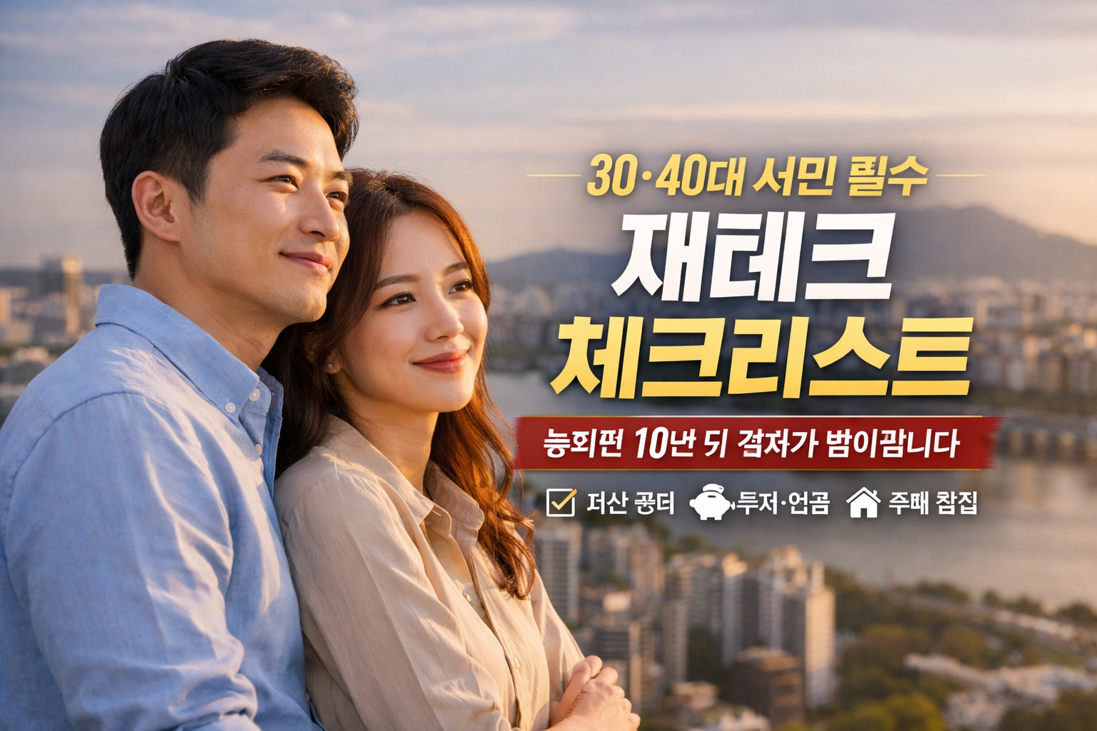 도시를 배경으로 한 30·40대 부부의 실물 사진을 활용한 재테크 썸네일