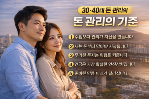 30·40대 돈 관리의 기준을 주제로 수입 관리, 지출 통제, 투자 리스크, 연금 준비, 미래 대비를 5단계로 정리한 재테크 인포그래픽 이미지