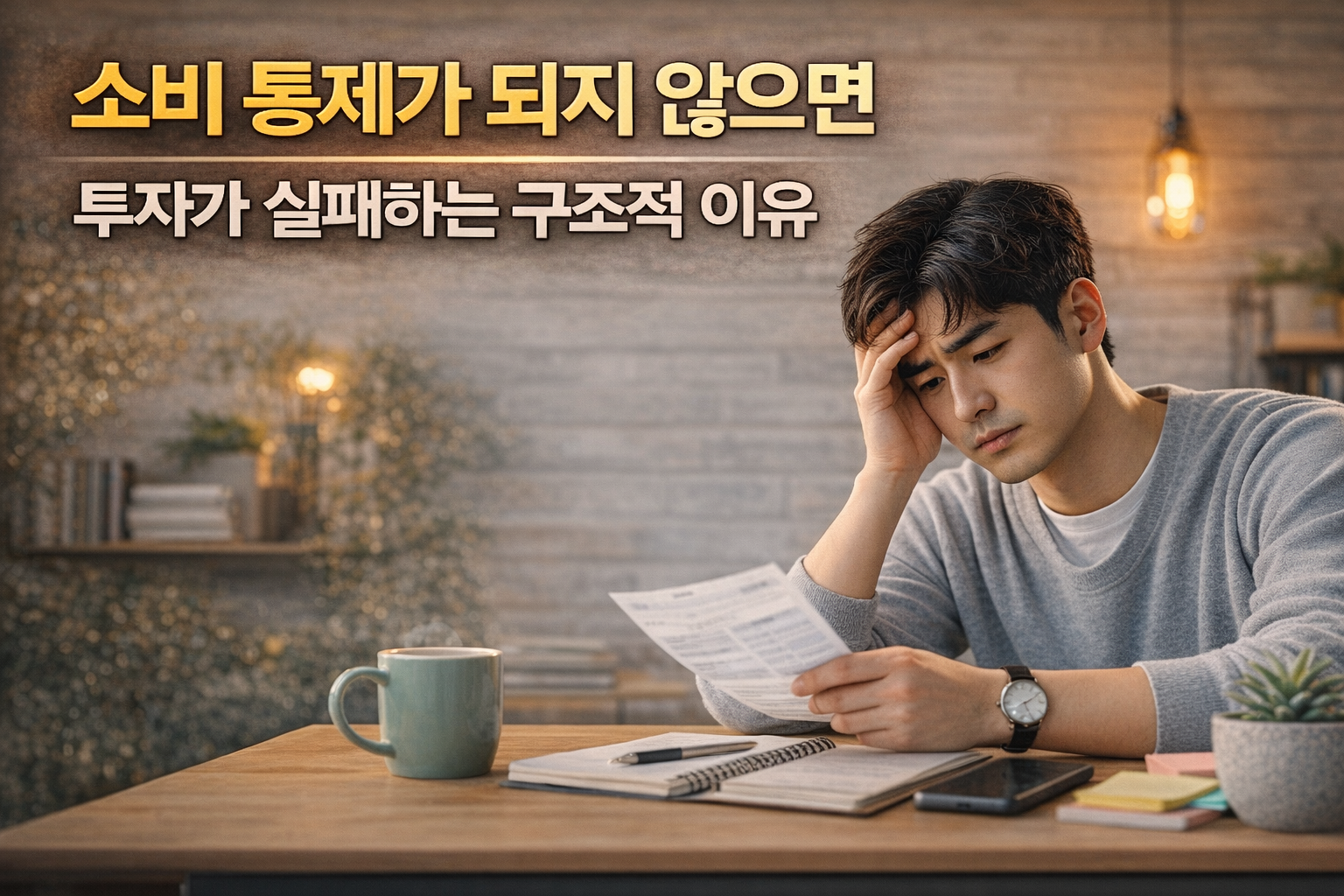 소비 습관과 투자 실패의 관계를 시각적으로 표현한 워드프레스 재테크 글 썸네일 이미지