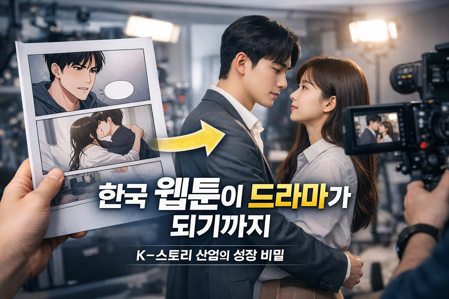 한국 웹툰이 드라마로 제작되며 K-스토리 산업의 핵심 콘텐츠 IP로 성장하는 과정을 상징적으로 담은 썸네일 이미지