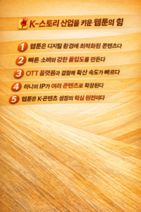 웹툰이 디지털 환경과 OTT 플랫폼을 기반으로 K-스토리 산업의 핵심 성장 동력이 된 이유를 정리한 인포그래픽