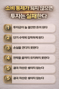 소비 통제 부족이 투자 실패로 이어지는 구조적 원인을 5가지 핵심 포인트로 정리한 텍스트형 인포그래픽