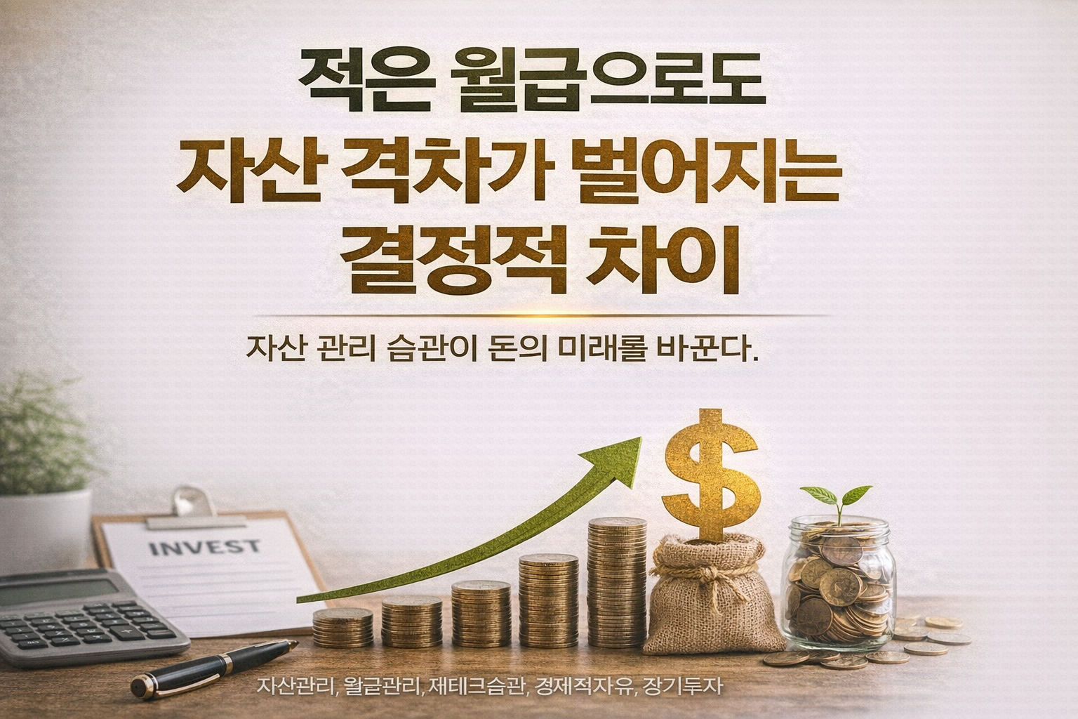 적은 월급에서도 자산 격차가 벌어지는 이유와 자산 관리 습관의 중요성을 보여주는 워드프레스 재테크 블로그 썸네일