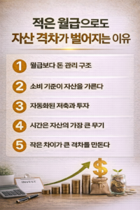 월급의 크기보다 돈을 관리하는 방식이 자산 격차를 만든다는 핵심 포인트를 5가지로 정리한 인포그래픽