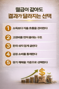 같은 월급에서도 자산 결과가 달라지는 이유를 5가지 선택 기준으로 정리한 인포그래픽