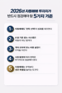 2026년 자동매매 투자자가 반드시 점검해야 할 5가지 핵심 기준 인포그래픽