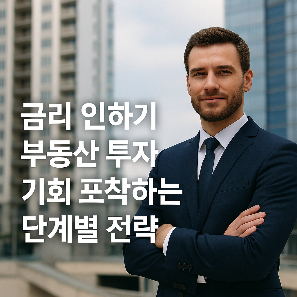 금리 인하기 부동산 투자 기회 포착하는 단계별 전략’이라는 굵은 흰색 글자가 크게 배치된 실물 느낌의 썸네일 이미지