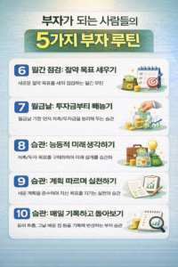 부자가 되는 사람들이월 단위·습관 단위로 실천하는 돈 관리 루틴 6~10번을 정리한 인포그래픽