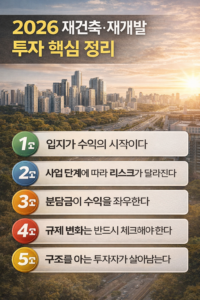 2026년 재건축·재개발 투자에서 반드시 알아야 할 핵심 5가지 포인트를 한눈에 정리한 인포그래픽