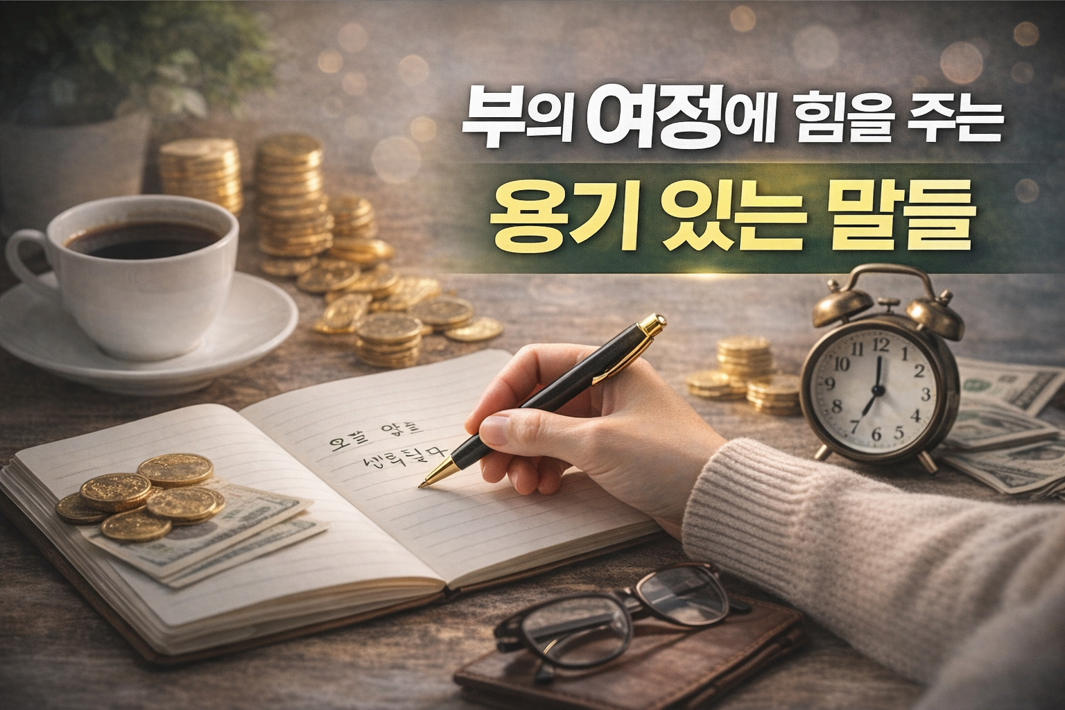 부의 여정에 나서는 사람들을 위한 용기 있는 말들을 상징적으로 담은 썸네일 이미지