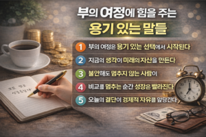 부의 여정에 힘을 주는 용기 있는 말들을 5가지 핵심 메시지로 정리한 인포그래픽