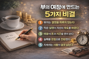 부의 여정에 만드는 5가지 비결을 실행 중심의 문구로 정리한 인포그래픽