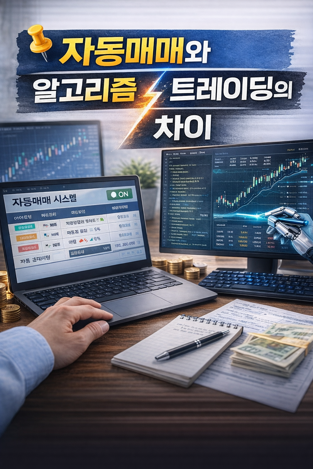 자동매매와 알고리즘 트레이딩의 차이를 시각적으로 비교한 인포그래픽 이미지