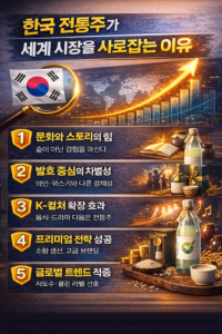 한국 전통주가 글로벌 주류 시장에서 주목받는 이유를 5가지로 정리한 인포그래픽 이미지