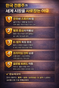 한국 전통주가 글로벌 주류 시장을 사로잡는 이유를 5가지로 정리한 텍스트형 인포그래픽