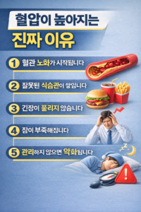 혈압이 높아지는 주요 원인을 5가지로 정리한 인포그래픽