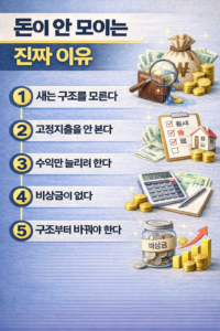 돈이 모이지 않는 근본적인 이유를 5가지로 정리한 인포그래픽