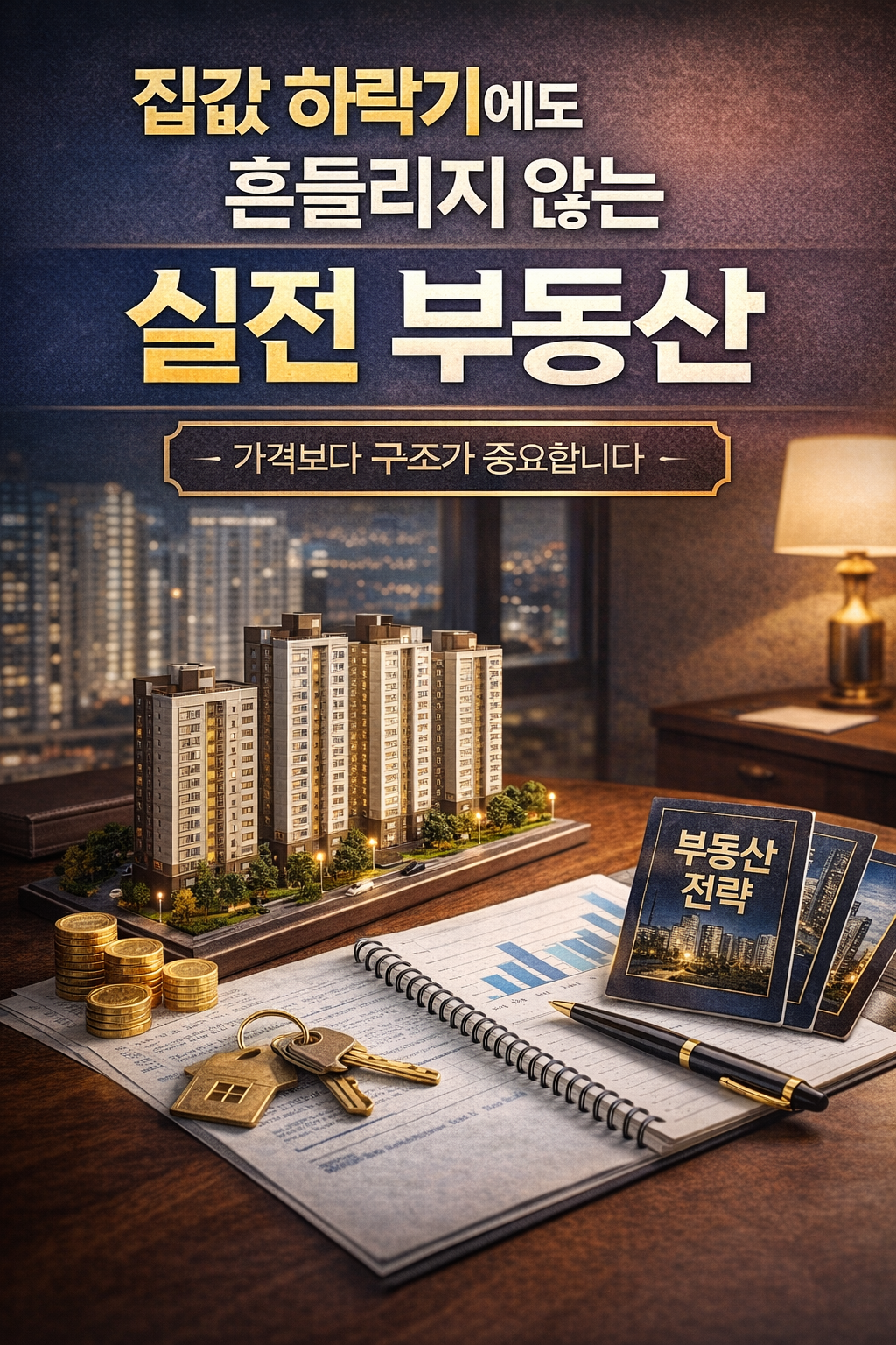 집값 하락기에도 흔들리지 않는 실전 부동산 전략과 구조 중심 투자 관점을 상징적으로 표현한 썸네일 이미지