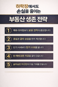 하락장에서도 손실을 줄이기 위한 부동산 생존 전략을 핵심 문구 5가지로 정리한 텍스트 중심 인포그래픽