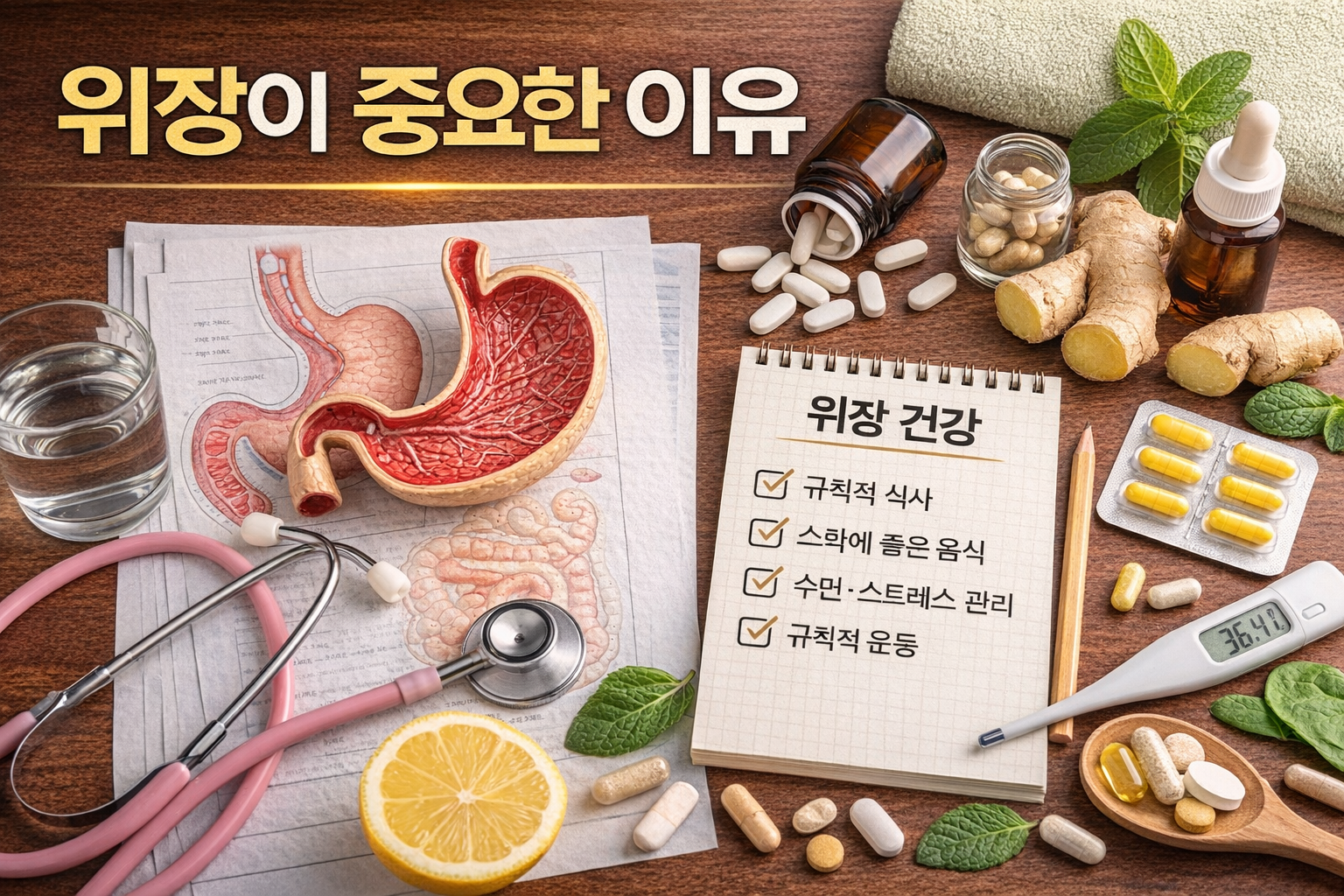 위장이 건강과 생활 컨디션에 미치는 중요성을 직관적으로 표현한 썸네일 이미지