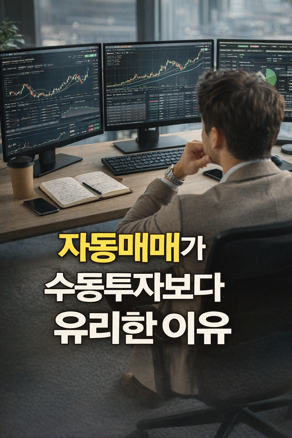 자동매매 시스템을 활용해 시장을 분석하는 투자자의 모습을 통해, 감정이 배제된 자동매매의 장점을 시각적으로 표현한 썸네일