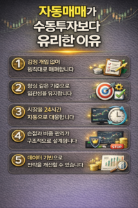 자동매매가 수동투자보다 유리한 핵심 이유를 5가지 포인트로 정리한 투자 전략 인포그래픽