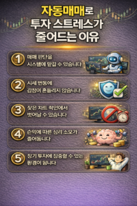 자동매매를 활용하면 투자 과정에서 스트레스가 줄어드는 이유를 5가지 핵심 포인트로 정리한 인포그래픽