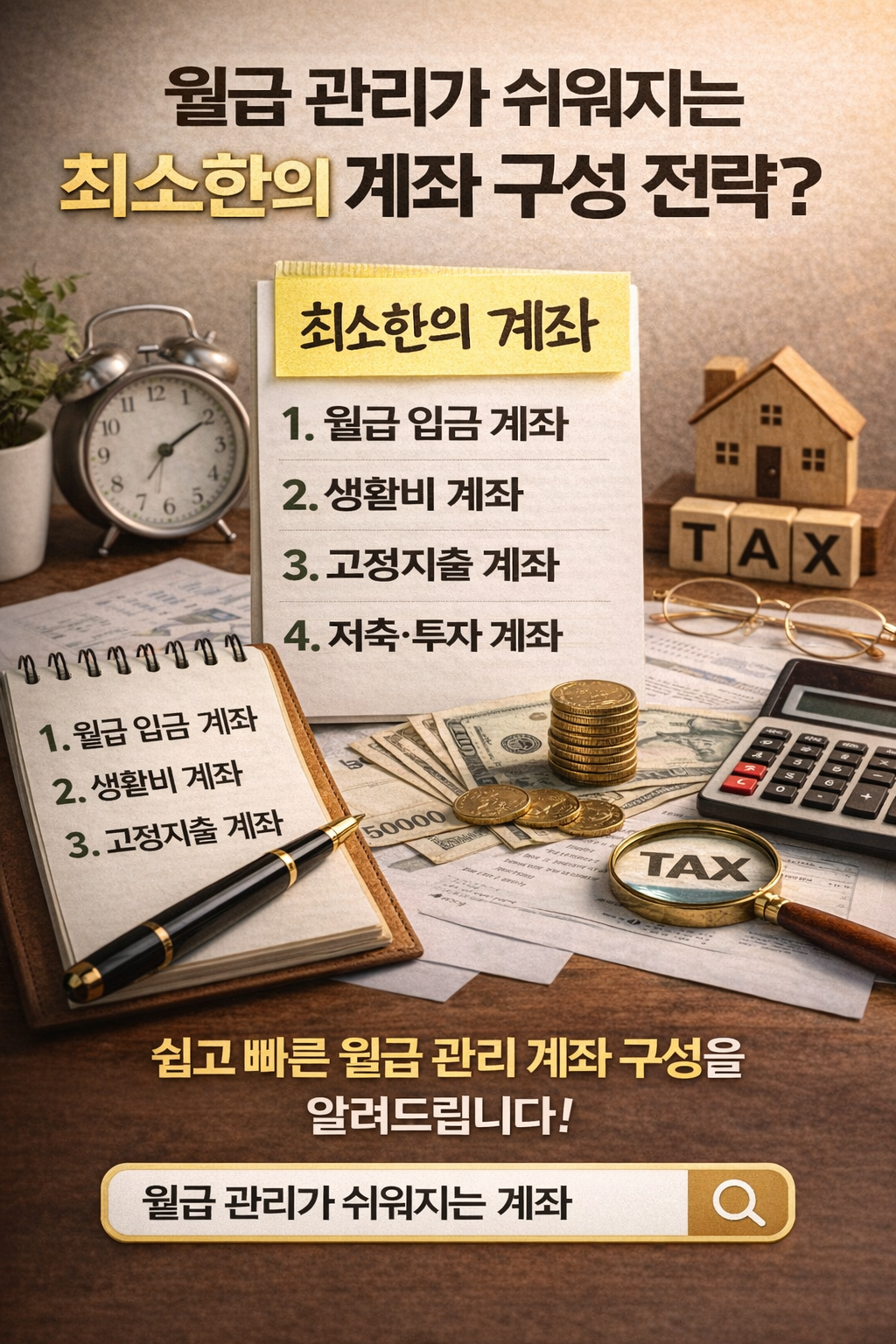 월급 관리가 쉬워지는 최소 계좌 구성 전략을 상징적으로 표현한 썸네일 이미지