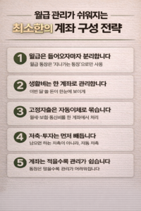 월급 관리가 쉬워지는 최소한의 계좌 구성 전략을 5가지 핵심 원칙으로 정리한 인포그래픽