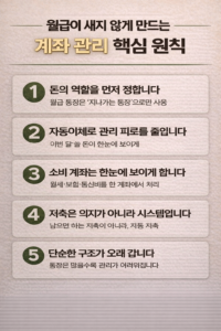 월급이 새지 않도록 만드는 계좌 관리 핵심 원칙을 5가지로 정리한 인포그래픽