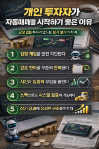 개인 투자자가 자동매매를 시작하기 좋은 이유를 5가지 핵심 포인트로 시각화한 인포그래픽