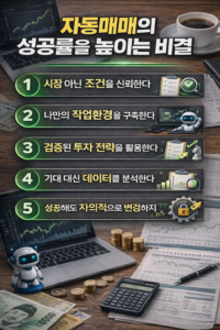자동매매 성공률을 높이기 위한 5가지 핵심 원칙을 숫자 문구로 시각화한 인포그래픽