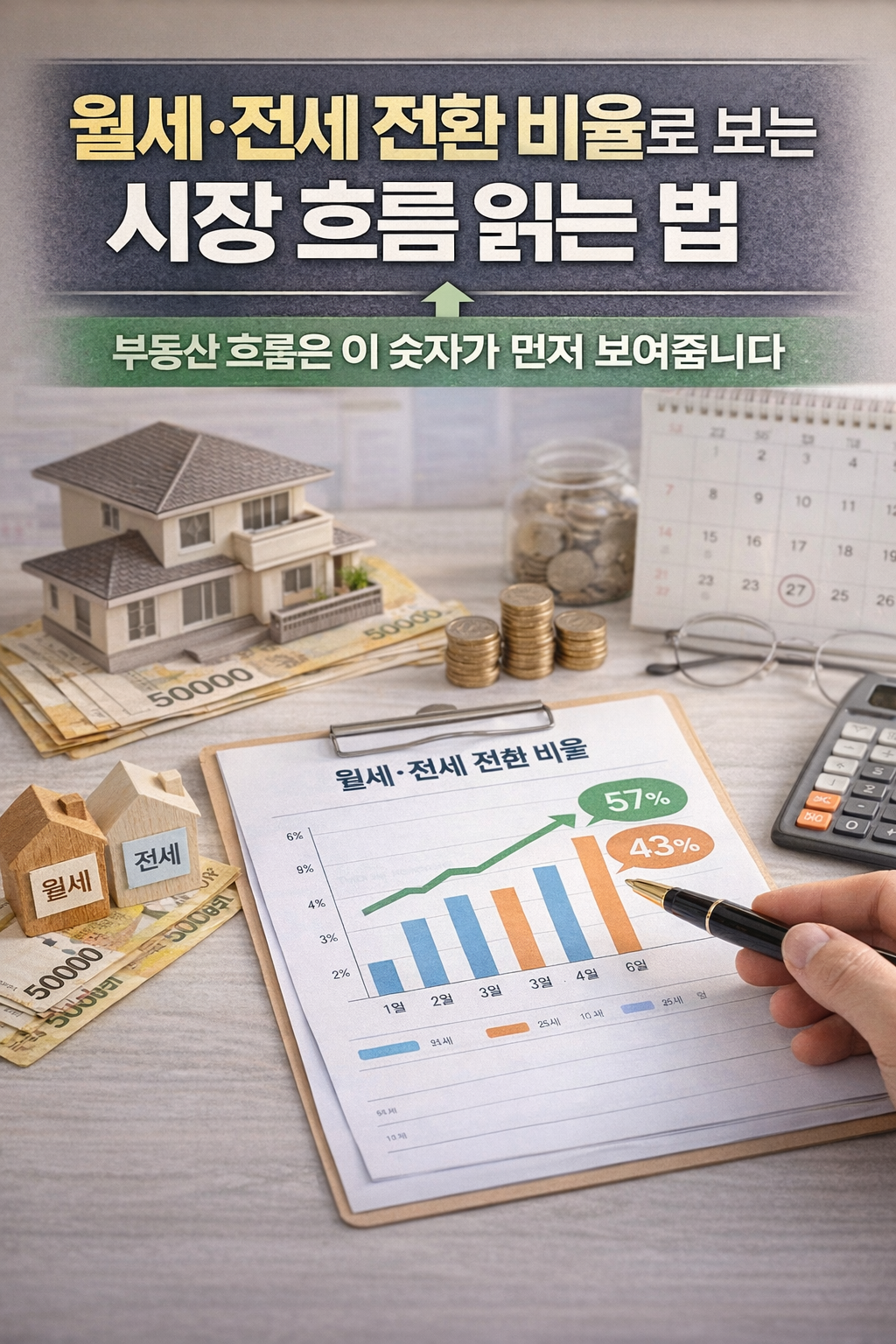 월세와 전세 전환 비율 그래프를 중심으로 주택 모형과 자산 요소를 배치한 썸네일 이미지