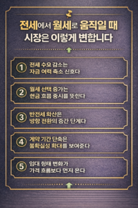 전세에서 월세로 전환되는 과정에서 나타나는 부동산 시장 신호를 5단계로 정리한 인포그래픽 이미지