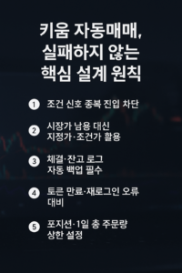 어두운 차트 배경 위에 ‘키움 자동매매, 실패하지 않는 핵심 설계 원칙’과 1~5번 핵심 문구가 흰 글씨로 정렬된 트레이딩 인포그래픽