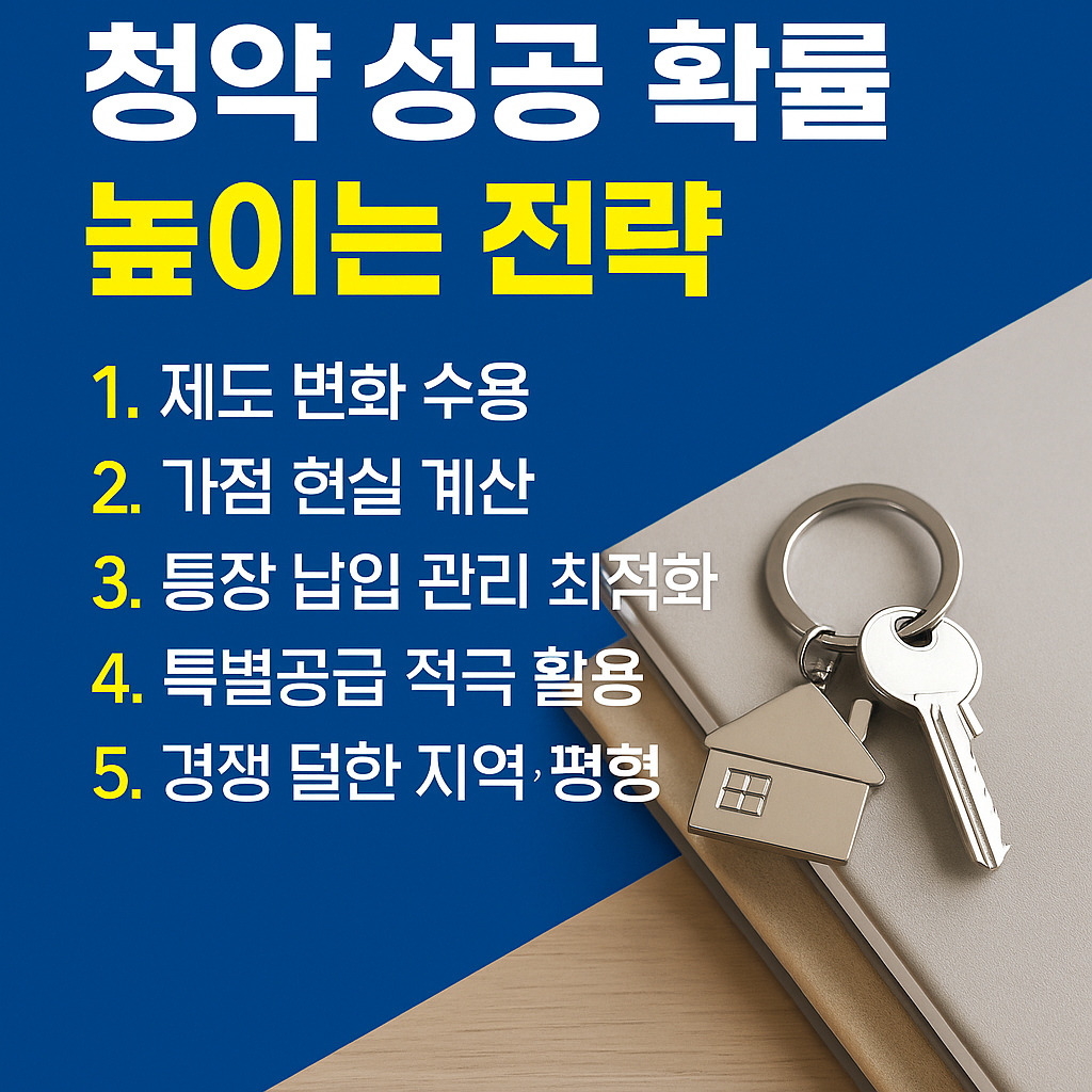 굵은 파란색 배경 위에 ‘청약 성공 확률 높이는 전략’이라는 제목과 1~5번 핵심 전략 문구가 선명하게 배치된 썸네일