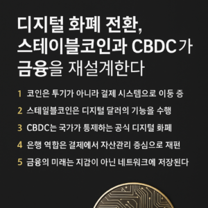스테이블코인과 CBDC가 주도하는 차세대 디지털 화폐 인프라를모던 블랙&골드 스타일로 시각화한 프리미엄 금융 썸네일