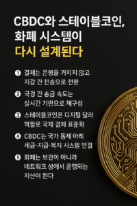 CBDC·스테이블코인이 재편하는 미래 금융 체계를블랙&골드 조합으로 세련되게 시각화한 디지털 자산 인사이트 썸네일