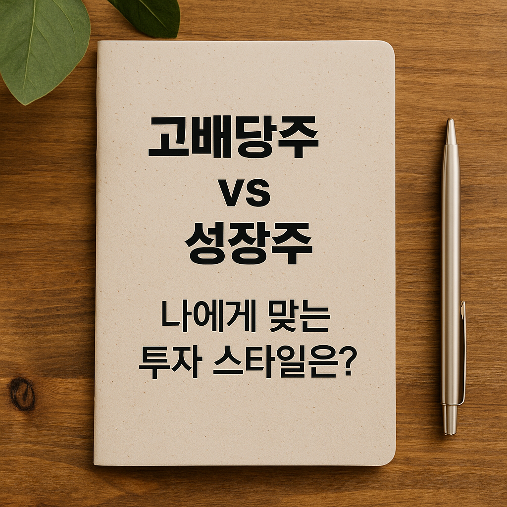 우드 톤의 따뜻한 책상 위에 베이지색 종이 질감의 노트가 놓여 있으며, 노트 중앙에는 ‘고배당주 vs 성장주 나에게 맞는 투자 스타일은?’이라는 굵은 검정 텍스트가 적혀 있다.