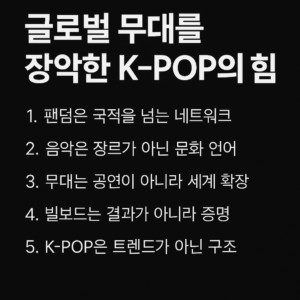 K-POP의 글로벌 문화 확장과 팬덤 파워를 다섯 줄로 정리한 현대적 인포그래픽