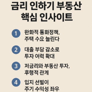 이지색 배경 위에 ‘금리 인하기 부동산 핵심 인사이트’라는 제목과 함께, 금리 인하에 따른 부동산 시장 변화를 1번부터 5번까지 간단한 문구로 정리한 인포그래픽 이미지