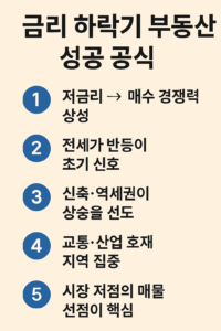 베이지색 배경 위에 ‘금리 하락기 부동산 성공 공식’이라는 제목과 함께, 금리 하락기에 유리한 부동산 전략을 1~5번으로 요약한 문구가 파란색 원형 번호와 함께 정렬된 인포그래픽 이미지